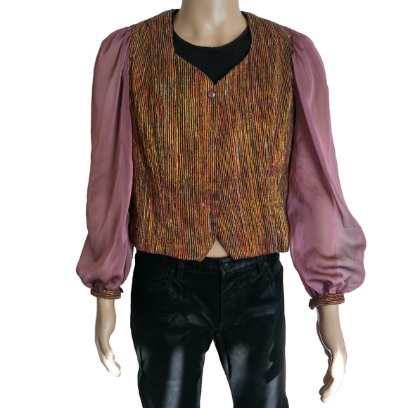 Vintage 70s Hand Loomed Renaissance Fortune Teller Button Front Top - Picture 4 of 8